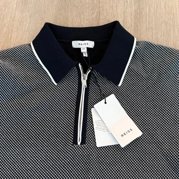 New Reiss Navy Half Zip Polo Shirt - Picture 2 of 4